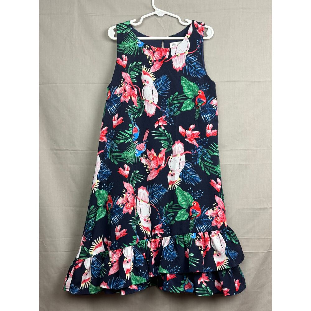 H & M Girls Navy Blue Cockatoo Flounced Dress, Size 9/10